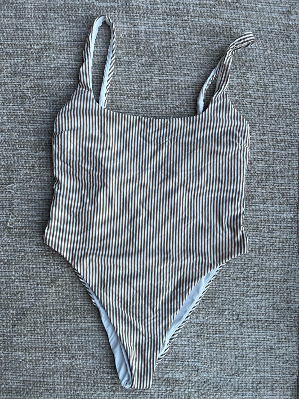RVCA Nautical Vertical Stripe off-white tan one piece swimming suit size Large